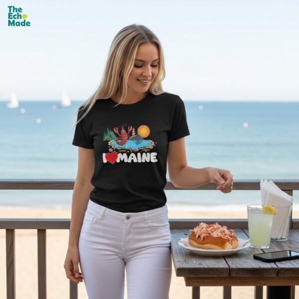I Love Maine graphic t-shirt with lobster design available in 18 colors