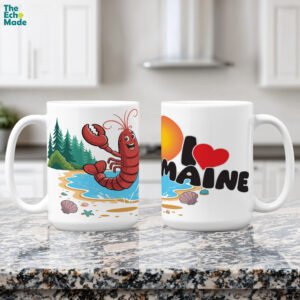 I Love Maine ceramic coffee mug with lobster beach scene and lighthouse design, 11oz and 15oz available