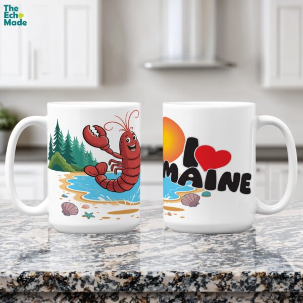 I Love Maine ceramic coffee mug with lobster beach scene and lighthouse design, 11oz and 15oz available