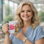 Best Mom Ever ceramic coffee mug with anime cartoon mom holding trophy and pink blue heart wrap-around design, 11oz and 15oz available