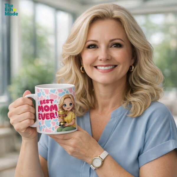 Best Mom Ever ceramic coffee mug with anime cartoon mom holding trophy and pink blue heart wrap-around design, 11oz and 15oz available