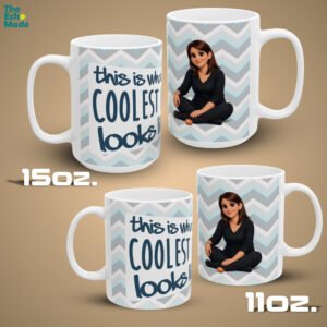 Coolest Mom personalized ceramic mug with cartoon mom illustration and blue chevron wrap-around design showing three angles