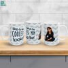 Coolest Mom personalized ceramic mug with cartoon mom illustration and blue chevron wrap-around design showing three angles