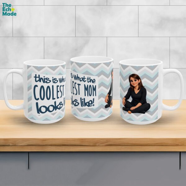 Coolest Mom personalized ceramic mug with cartoon mom illustration and blue chevron wrap-around design showing three angles